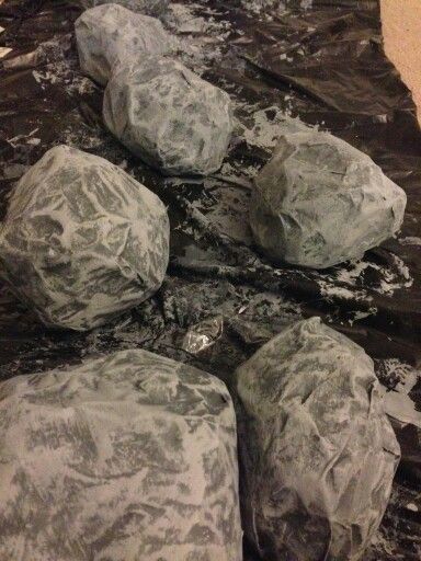 Paper mache rocks for forest waterfall Paper Mache Rocks, Kangaroo Art, Theatre Backdrops, Moss Grass, Making Paper Mache, Play Props, Theatre Props, Forest Waterfall, Fake Stone