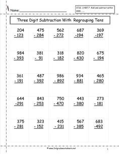 three digit subtraction with regrouping worksheet Subtracting Three Digits With Regrouping, Three Digit Subtraction With Regrouping, Three Digit Subtraction, 3 Digit Subtraction With Regrouping, Subtraction With Regrouping Worksheets, Regrouping Subtraction, Kindergarten Addition, Maths Worksheet, Subtraction With Regrouping