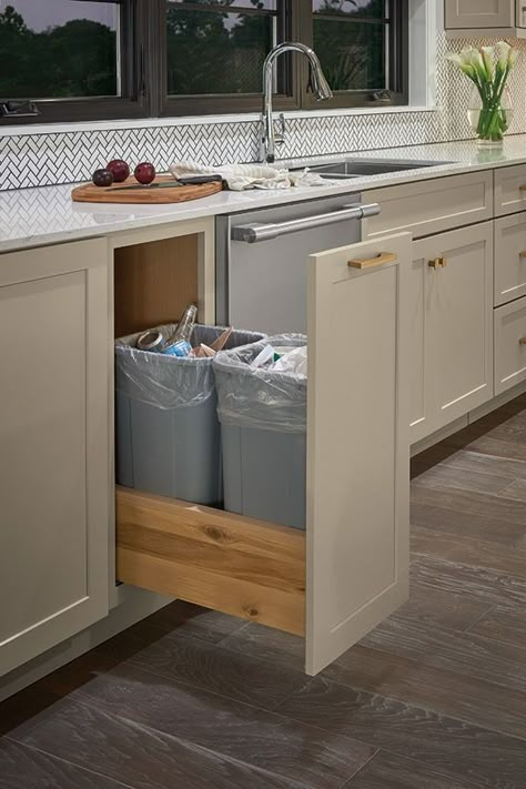 Double Trash Can Pull-out - Schrock Cabinetry Double Trash Can, Wood Pantry Cabinet, Inside Kitchen Cabinets, Small Office Design Interior, Trash Can Cabinet, Wall Cabinets, Kitchen Trash Cans, Kitchen Design Plans, Kitchen Bin