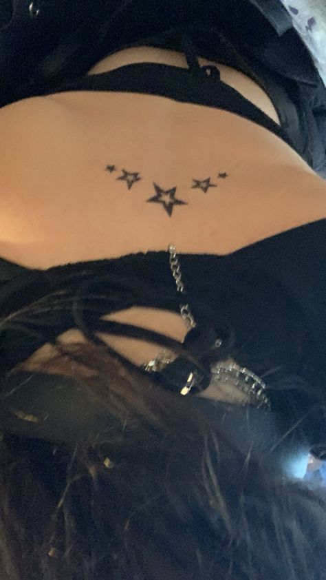 Clavicle Star Tattoo, Y2k Star Tattoo Design, Tattoo Upper Back Women, Lower Back Star Tattoos, Spine Tattoos Stars, Cybersigil Tramp Stamp, Star Collarbone Tattoo, Star Thigh Tattoo, Star Waist Tattoo