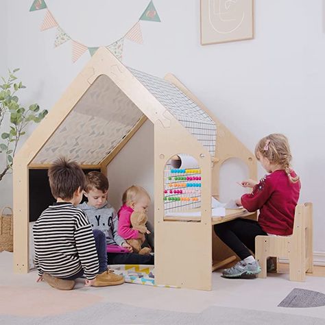 Amazon.com: Flair Avenlur Montessori Waldorf Style Modern Wood Playhouse Play Tent with Desk Table, Chair, Chalkboard, Game and Floor Cushion for Toddlers and Kids Ages 1-6yrs (Large) : Toys & Games Toddler Desk And Chair, Curtain Shades, Toddler Desk, Wooden Playground Equipment, Wood Playhouse, Desk With Chair, Kids Play Spaces, Indoor Playhouse, Modern Dollhouse Furniture