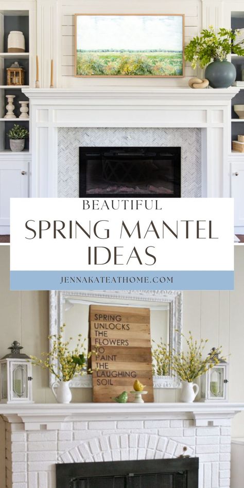 Explore these stunning mantels adorned with florals, pastels, and lush greenery to spark ideas for adding a touch of vibrant spring color to your space. Shiplap Mantle Decor, Spring Mantle Ideas, Shiplap Mantle, Simple Mantel, Spring Mantel Decor, Spring Mantel Decorating Ideas, Spring Mantle Decor, Spring Mantle, Mantel Decor Ideas