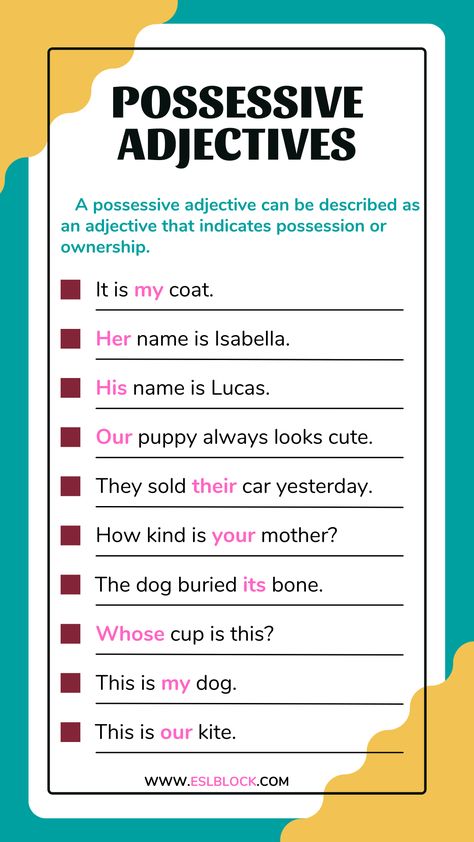 Kinds Of Adjectives, Adjectives Exercises, Adjectives Lesson, Adjectives Grammar, Examples Of Adjectives, Positive Adjectives, English Grammar Exercises, Possessive Adjectives, Possessive Pronoun