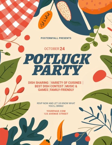 Yellow Illustrative Potluck Party Flyer (us L | PosterMyWall Event Poster Template, Linkedin Background Image, Potluck Party, Kindle Book Cover, Campaign Posters, Etsy Banner, Party Dishes, Blog Header, Event Promotion