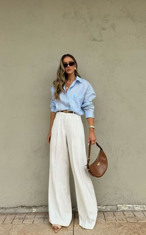 Sky Blue Shirt Women Outfit, Blue Polo Outfit, Lunch Outfit Summer, Casual Lunch Outfit, Blue Trousers Outfit, Blue Summer Outfits, Sky Blue Shirt, Ads Agency, Outfits With Striped Shirts