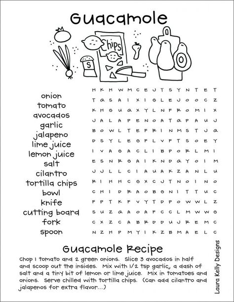 Guacamole Word Search and Recipe for Cinco De Mayo and Fiesta Parties Taco Decorations, Mexican Corn Cakes, Guided Painting, Pinata Cookies, Frozen Watermelon Margarita, Easy Enchilada Casserole, Guacamole Bites, Gluten Free Chips, Guacamole Ingredients