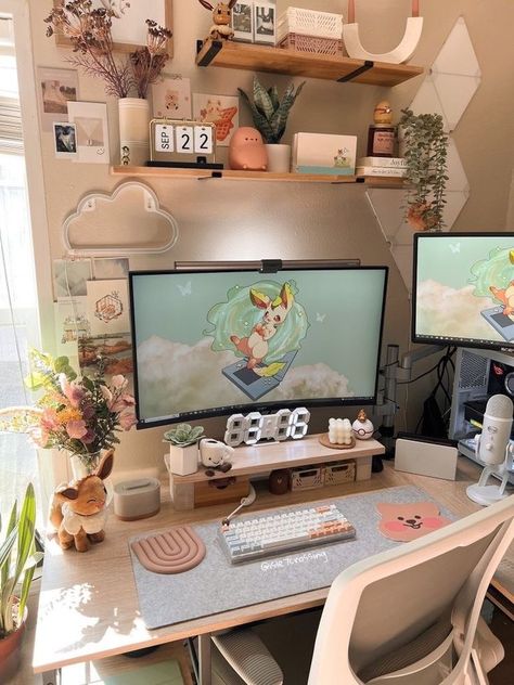 Gamer Girl Aesthetic, Dungeon Ideas, Pastel Aesthetic Room, Aesthetic Gaming, Tiny Bathroom Ideas, Danish Pastel Aesthetic, Cozy Desk, Study Desk Decor, Cozy Office