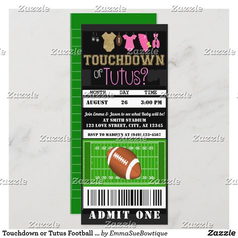 Touchdown Or Tutus, Coordinates Decor, Gender Reveal Themes, Gender Reveal Party Invitations, Football Ticket, Gender Reveal Invitations, Baby Gender Reveal, Admit One, Reveal Ideas