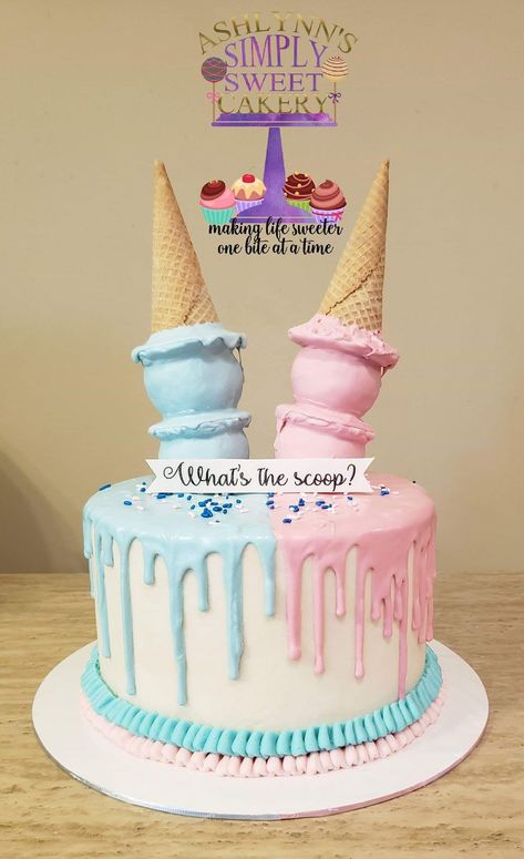 What's the scoop?  Gender reveal cake Gender Reveal Birthday Cake, Gender Reveal Cake Ideas Boy Or Girl, Whats The Scoop Gender Reveal Cake, Whats The Scoop Gender Reveal Ideas, Twin Gender Reveal Cake, What’s The Scoop, Candle Aisle, What's The Scoop Gender Reveal, Scoop Gender Reveal