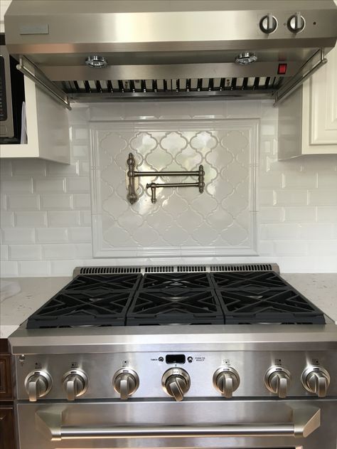 Waterstone Pot Filler Kitchen Pot Filler Ideas, Backsplash Over Stove Kitchen, Kitchen Backsplash Ideas With Pot Filler, Pot Filler Tile Backsplash, Pot Filler Above Stove, Pot Fillers Over Stove Farmhouse, Pot Filler Backsplash, Pot Filler Placement, Pot Fillers Over Stove