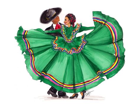 Jalisco Dress, Folklorico Dresses, Latin American Folk Art, Dancer Drawing, Mexican Folklore, Mexican Paintings, Folk Illustration, Ballet Folklorico, Mexican Culture Art