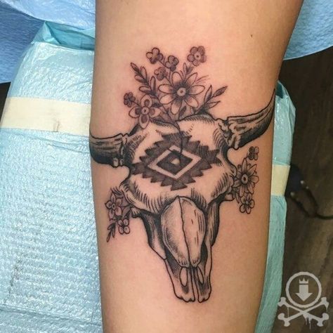 Steer Head Tattoo With Flowers, Western Sleeve, Cow Skull Tattoos, Bison Tattoo, Bird Tattoo Sleeves, Hairline Tattoos, Gear Tattoo, Real Tattoos, Tiny Tats