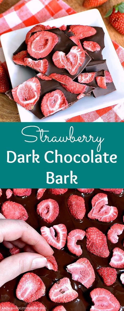 Strawberry Dark Chocolate Bark … a decadent treat that takes minutes to make! Learn how to make this easy Strawberry Chocolate Bark with dark chocolate and freeze dried strawberries. It’s the ultimate Valentine’s Day dessert! This simple Strawberry Bark with dried fruit and chocolate is healthy, gluten free snack or sweet treat! | Hello Little Home #strawberrychocolatebark #strawberrybark #bark #chooclatebark #barkrecipes #darkchocolate #strawberries Chocolate Covered Freeze Dried Strawberries, Dark Chocolate And Fruit Healthy Snacks, Dark Chocolate Bark Healthy, Freeze Dried Strawberry Recipes Baking, Chocolate Strawberry Bark, Chocolate Strawberry Bites, Strawberry Bark Recipes, Strawberry Chocolate Bark, Dried Strawberry Recipes