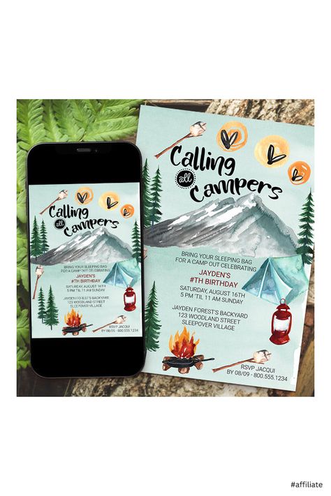 Camping Theme Birthday Party, Kids New Years Eve, Camping Scene, Outdoors Birthday Party, Camping Birthday Party, Girl Birthday Party Invitations, Outdoor Birthday, Kids Birthday Themes, Camping Birthday