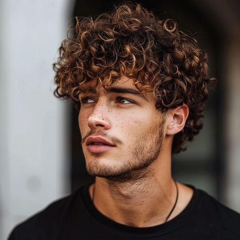 Curly Hairstyle Men Medium, Curly Hair Ideas Men, Mens Curly Hairstyles Medium Mid Length, Medium Curly Hair Styles Men, Highlights On Curly Hair Natural Curls, Curly Pompadour, Long Curly Layers, Male Curly Hairstyles, Mens Short Curly Hairstyles