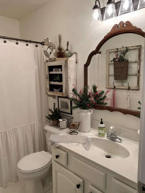 2023 Bathroom Makeover, Quaint Bathroom Ideas, Country Bathroom Aesthetic, French Bathroom Lighting, Victorian Farmhouse Bathroom Ideas, Modern Shabby Chic Bathroom, Farmhouse Bathroom Vanity Mirror, Bathroom Pantry Ideas, Vintage Theme Bathroom Ideas