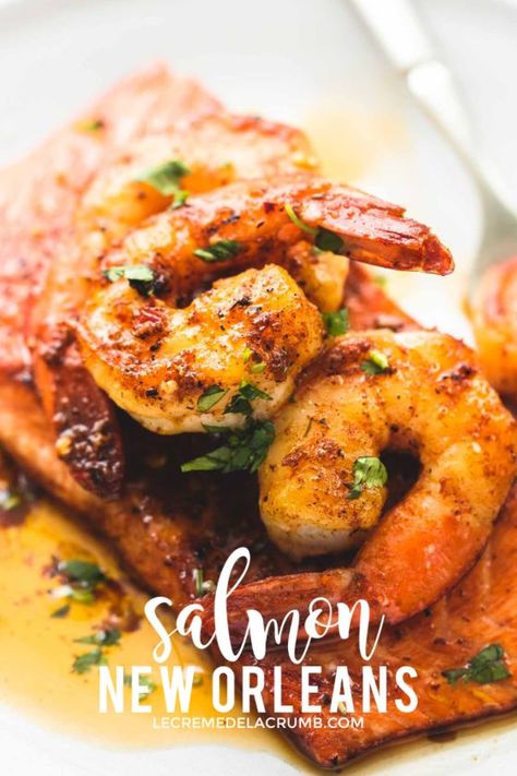 Salmon And Shrimp With Cajun Cream Sauce, Shrimp And Salmon Dinner, Stuff Salmon With Shrimp, Cajun Salmon Dinner Ideas, Shrimp And Salmon Recipes Dinners, Shrimp Sauce For Salmon, Shrimp Topped Salmon, New Salmon Recipes, Cajun Salmon And Shrimp Recipes