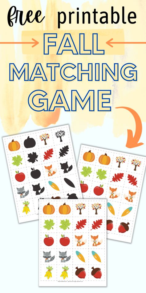 This free printable fall matching game for toddlers and preschoolers is so much fun! Help your child learn how to match pairs, practice shadow matching, and more with this match up card game. Playing matching games can help your child prepare to read and practice their pre-literacy skills. Click through today for your free printable fall match up game! Matching Games For Toddlers, Dot Marker Printables, Game For Toddlers, Thanksgiving Games For Kids, Shadow Matching, Free Fall Printables, Busy Binder, Fall Games, Free Preschool Printables