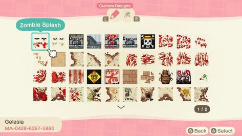 Acnh Gore Design, Acnh Zombie Design, Acnh Spooky Flag Design, Acnh Apocalypse Designs, Animal Crossing Design Codes Horror, Animal Crossing Zombie, Acnh Zombie, Acnh Radioactive, Acnh Horror Codes