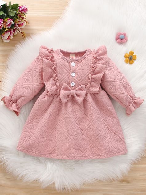 Dusty Pink Cute  Long Sleeve Cotton Plain A Line  Slight Stretch Spring/Fall Baby Clothing Diy Fashion Scarf, Fall Baby Clothes, Woolen Dresses, Fancy Frocks, Ruffle Trim Dress, Dress Design Patterns, Trim Dress