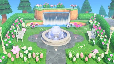 Best ACNH Fountain Design Ideas - Animal Crossing Water Fountain Decoration Tips & Fountain Recipe Acnh Fountain Design Code, Animal Crossing Fountain Design, Animal Crossing Water Fountain Ideas, Acnh Fountain Plaza, Water Fountain Animal Crossing, Fountain Acnh Ideas, Fountain Ideas Animal Crossing, Animal Crossing Water Ideas, Acnh Water Fountain Ideas