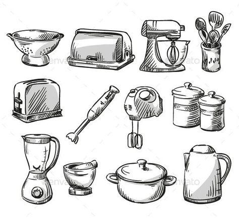 Object Drawings, Cookbook Diy, Draw Objects, Chef Tattoo, Sticker Food, Kitchen Illustration, Kitchen Objects, Kitchen Drawing, Vector Doodle