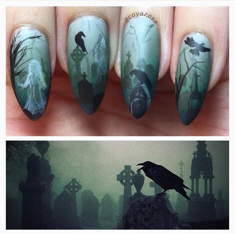 Ghost Graveyard, Nail Halloween, Graveyard Halloween, Black Halloween Nails, Nail Art Halloween, Holloween Nails, Witchy Nails, Halloween Acrylic Nails, Cute Halloween Nails