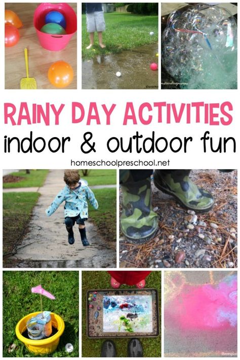 Come discover some fun rainy day activities for preschoolers to enjoy. Whether you spend the day indoors or outside in the rain, we've got you covered. #homeschoolprek #homeschooling #preschool #rainydayactivities #raindydayfun #prek    https://homeschoolpreschool.net/rainy-day-activities/ Rainy Day Games, Fun Rainy Day Activities, Rainy Day Activities For Kids, Rainy Day Fun, Outside Activities, Weather Activities, Activities For Adults, Outdoor Activities For Kids, Outdoor Learning