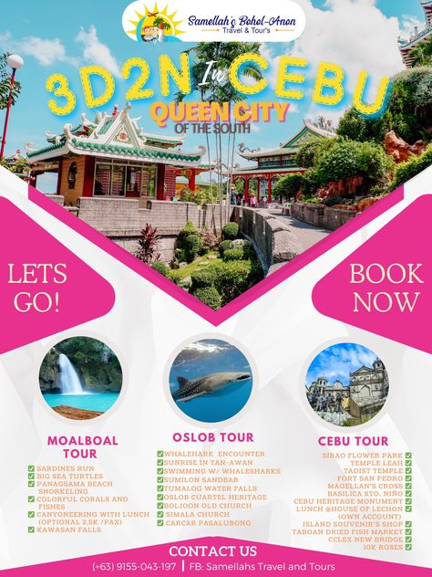 Affordable quality wise 3 Days 2 Nights Cebu Tour Kawasan Falls, Queen Of The South, Big Sea, Cebu City, Bohol, Old Church, Tour Operator, Group Tours, Travel Tours