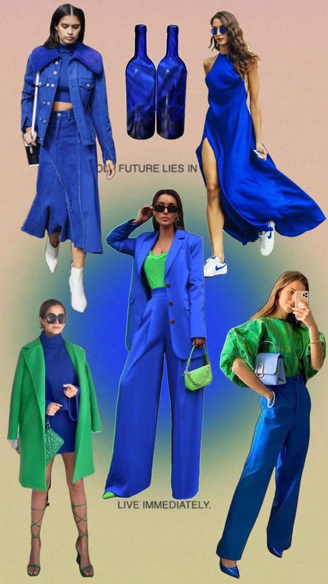 Cobalt Blue Jeans Outfit, Bright Green Dress Outfit Color Combos, Light Blue And Green Outfit, Cobalt Blue Pants Outfit Winter, Colbolt Blue Outfit, Royal Blue Monochromatic Outfit, Bright Blue Dress Outfit, Cobalt Blue Dress Outfit Wedding, Green And Blue Outfits For Women