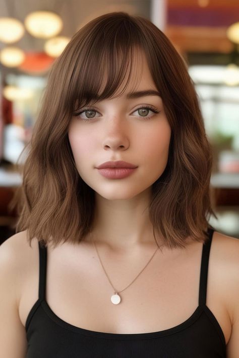 Long Bob with Wispy Bangs Half Bangs, Long Bob With Side Bangs, Brown Hair With Fringe, Lob Bangs, Wispy Bangs Round Face, Bob With Wispy Bangs, Haircut Ideas Brown Hair, Hair Beachy Waves, Messy Bun High