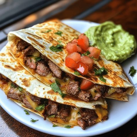 Delicious Loaded Steak Quesadillas Recipe Chicken And Steak Quesadilla Recipes, Loaded Steak Quesadilla Recipes, Quisidillaa Recipe, Steak Quesadilla Marinade, Shaved Steak Quesadilla, Loaded Steak Quesadillas, Steak Casadillas, Quesilladas Recipe, Casidilla Recipes