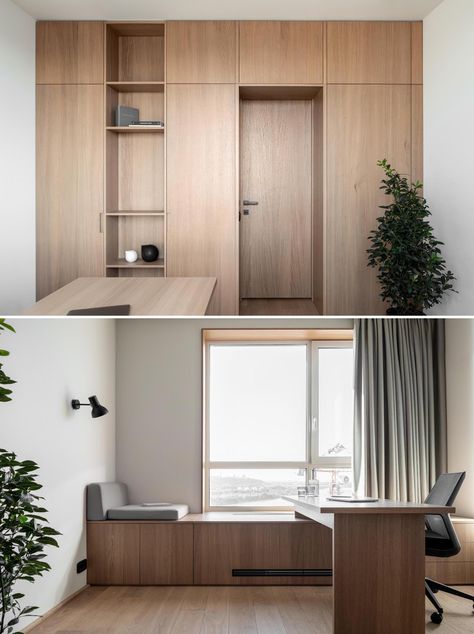 Wood Cabinets Without Hardware Are A Consistent Feature Throughout This Apartment Japanese Home Office, Grey Upholstered Bed, Window Bench, Wall Paneling Diy, Modern Bungalow House, Window Benches, Japandi Interior, Timber Cladding, Upholstered Bed Frame