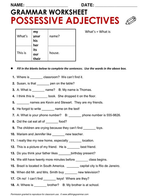 Possessive Adjectives Worksheet For Grade 4 Adjectives Exercises, Adjectives Grammar, 6th Grade Worksheets, Possessive Nouns, Possessive Adjectives, Possessive Pronoun, Adjective Worksheet, Grammar Quiz, Nouns Worksheet