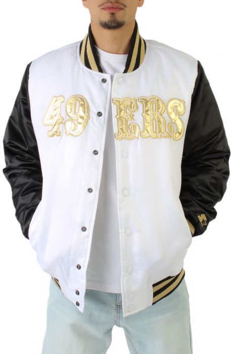 STARTER San Francisco 49ers Satin Jacket LS30W473-SNF - Shiekh 49ers Outfit, 49ers Hoodie, Hoodie And Pants, Varsity Jackets, Satin Jacket, Satin Jackets, Gold Branding, San Francisco 49ers, Vintage Vibes