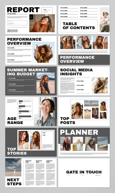 Modern social media report template with creative slides for presenting data and insights in a visually appealing way. Perfect for social media managers, marketers, and entrepreneurs who want to create engaging and effective Social Media Report Template, Report Presentation, Social Media Report, Ppt Template Design, Deck Layout, Summer Marketing, Report Design, Portfolio Ideas, Presentation Layout