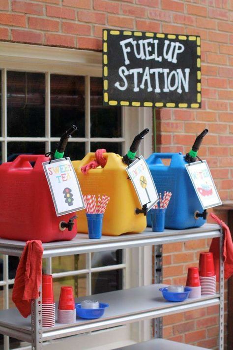 Fuel up drink station at a transportation birthday party! See more party ideas at CatchMyParty.com! Transport Party, Compleanno A Tema Hot Wheels, Festa Monster Truck, Hillbilly Party, Blaze Birthday Party, Auto Party, Transportation Birthday Party, Blaze Birthday, Trash Party