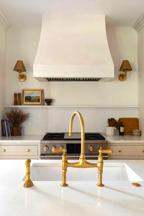 Unlacquered Brass Kitchen, Bridge Faucet Kitchen, Bridge Faucet, Brass Kitchen Faucet, Kitchen Pantry Design, Canopy Design, Kitchen Hoods, Brass Kitchen, Tiny Apartment