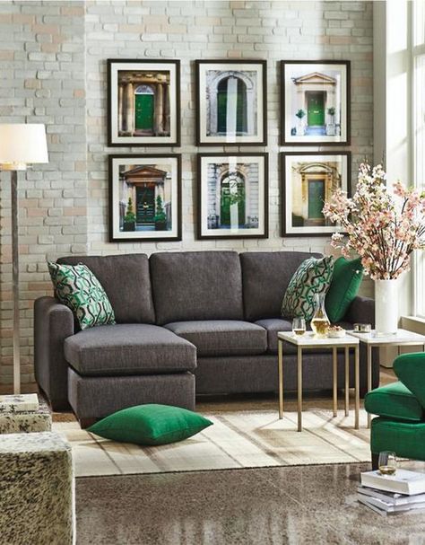 06 charcoal grey sofa, grey stone floors and emerald and gold details for a chic and sophisticated look - DigsDigs Green Sofa Design, Emerald Green Living Room, Emerald Green Sofa, Gray Living Room Design, Grey Furniture Living Room, Sofa Green, Small Sectional Sofa, Casa Clean, Grey Sectional Sofa