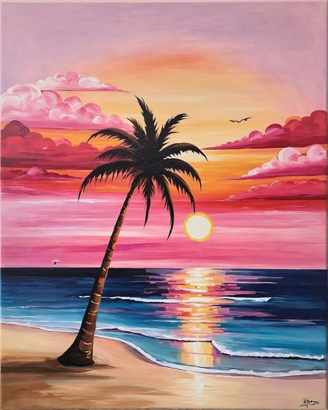 Beach Drawing With Color, Beach Sunset Painting Easy Step By Step, Sunset Beach Drawing, Beach Painting Aesthetic, Beach Sunset Drawing, Sunset Painting Canvas, Sunset Drawing, Easy Landscape Paintings, Tears Art