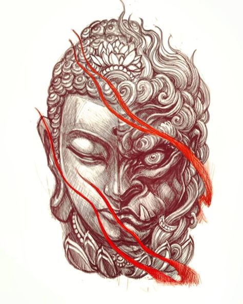 No photo description available. Half Buddha Half Demon Tattoo, Buddha Half Face, Raijin Tattoo, Tattoo Lower Back, Bodysuit Tattoos, Irezumi Tattoo, Foo Dog Tattoo, Buddha Tattoo Design, Buddha Tattoos