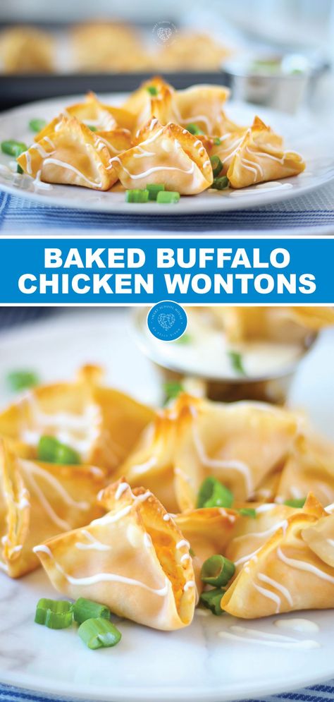 BAKED Buffalo Chicken Wontons - Drizzeld in Dressing! Buffalo Chicken Wontons, Baked Wontons, Wonton Recipe, Wonton Appetizers, Fun Appetizers, Wonton Wraps, Chicken Wontons, Baked Buffalo Chicken, Wonton Recipes