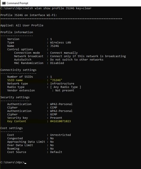 At a Windows Command prompt issue the following command to show the wifi password. netsh wlan show profile networkname key=clear Replace “networkname” with the name of the current network the computer you are on is attached too. In the example below …  Show current wifi password Read More » Kali Linux Hacks, Hacking Codes, Command Prompt, Wifi Hack, Computer Coding, Life Hacks Computer, Wifi Password, Wings Tattoo, Hacking Computer