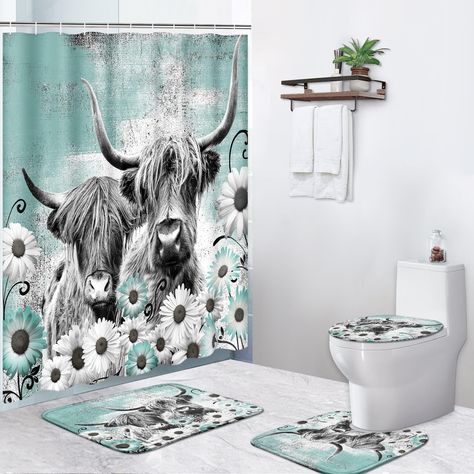 PRICES MAY VARY. Polyester 【Premium Quality Material】Our shower curtain is made of a polyester fiber with a waterproof effect. The bathroom mat is made of flannel. It is a comfortable, colorfast, soft, and cozy material that is durable. 【Dimensions】 The waterproof shower curtain measures 72" x 72", and the thickened bathroom mat measures 23.6" x 15.7". The O-toilet cover is 16.5" x 14.6", and the U-shaped carpet is 17.7" x 15.8", suitable for most standard bathrooms. 【Easy to Install】 We provide Animal Home Decor, Bathroom Ambiance, Buffalo Bulls, Animal Home, Waterproof Bathroom, Toilet Lid Cover, Bathroom Accessory Sets, Modern Curtains, Shower Curtain Set