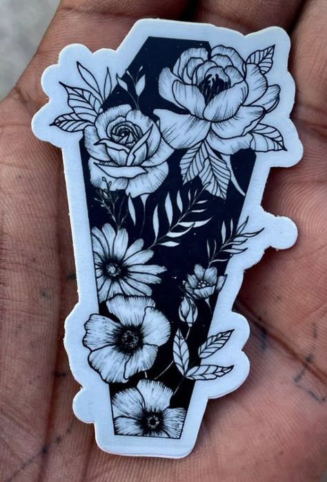 Coffin Tattoo With Flowers, Dark Theme Tattoos Women, Spooky Leg Tattoos Women, Spooky Arm Sleeve, Spooky Tattoo Sleeve Women, Coffin Tattoos For Women, Coffin And Flowers Tattoo, Floral Coffin Tattoo, Coffin Flower Tattoo