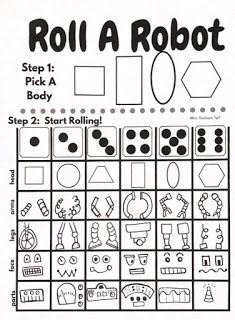 Roll A Robot Dice Game, Roll A Robot, School Family Night Ideas, Roll And Draw, Robot Activity, Drawing Games For Kids, Elementary Art Teacher, Robot Craft, Elementary Art Rooms