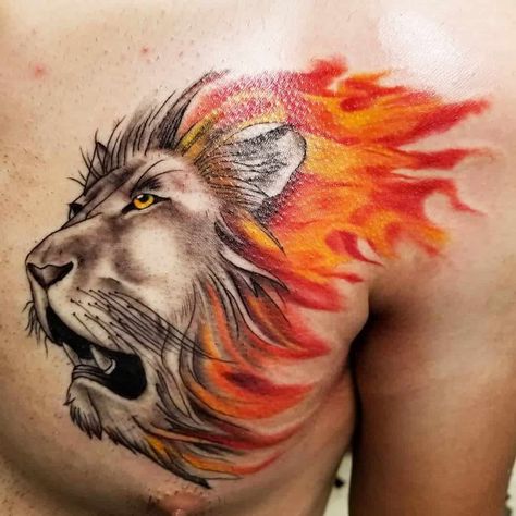 Lion Flames Tattoo, Lion Fire Tattoo, Leo Fire Tattoo, Fire Lion Tattoo, Fireman Tattoo, Lion Fire, Roaring Lion Tattoo, Lion Chest Tattoo, Lion Back Tattoo