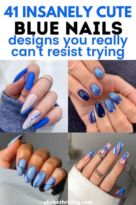 Blue Nail Designs Blue Nail Designs Almond, Dark Blue And White Nails, Cute Blue Nail Designs, Baby Blue Nails With Glitter, Ocean Blue Nails, Royal Blue Nails Designs, Light Blue Nail Designs, Blue Chrome Nails, Sky Blue Nails