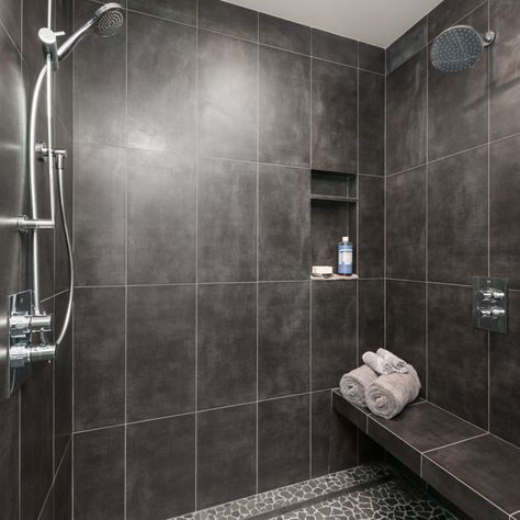 Walk In Shower With Dark Tile, Black Showers Walk In, Grey Walk In Shower Ideas, Black Bathroom Shower Ideas, Gray Walk In Shower Ideas, Masculine Shower Ideas, Amazing Showers Walk In, Black Walk In Shower Ideas, Walk In Shower Designs Tile