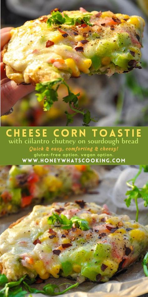 Cheese Chutney Corn Toastie Corn Toasties Recipes, Toast Recipes Vegetarian, Smoked Cheesy Corn, Cheesy Toast Recipe, Vegan Cotija Cheese, Masala Corn Toast, Cilantro Chutney, Indian Diet, Indian Dinner